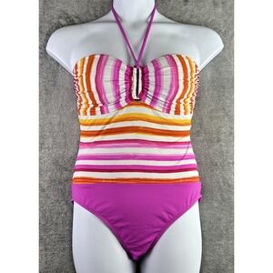 La Blanca Swimsuit Womens Size‎ 14 Hot Pink Orange White Halter One Piece Art